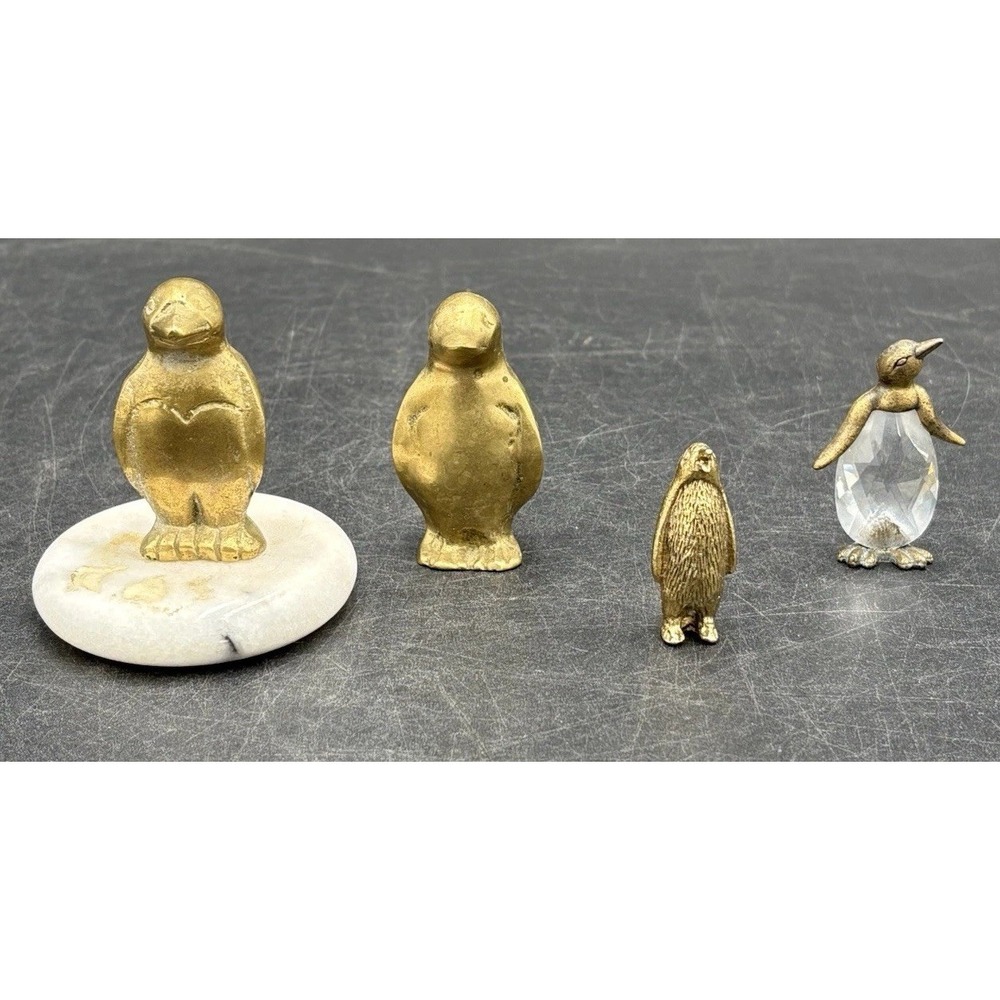 Lot Of 4 Brass And Glass Miniature Penguins
